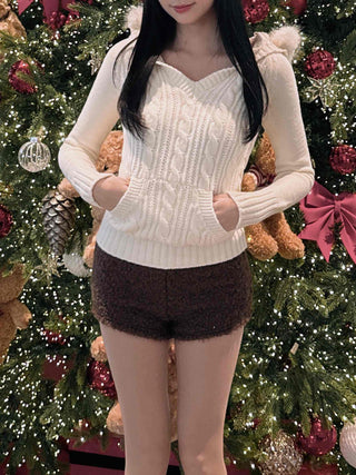Hooded Fur Cable Knit Slim V-Neck Knit