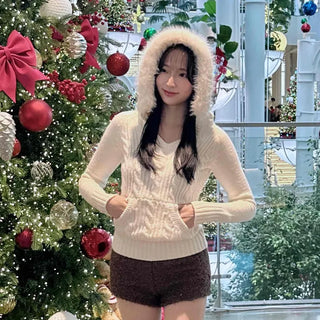 Hooded Fur Cable Knit Slim V-Neck Knit