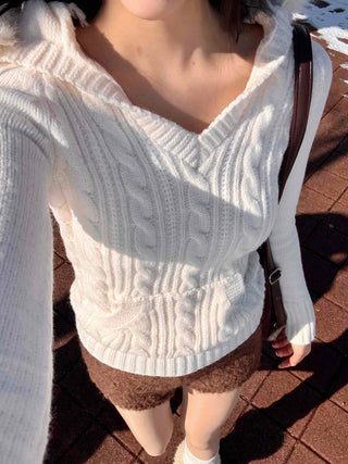 Hooded Fur Cable Knit Slim V-Neck Knit
