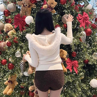 Hooded Fur Cable Knit Slim V-Neck Knit