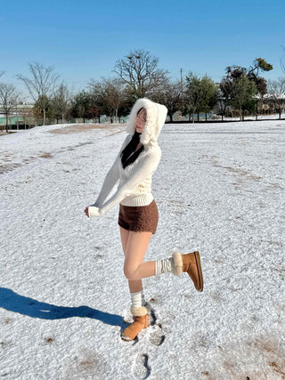 Hooded Fur Cable Knit Slim V-Neck Knit