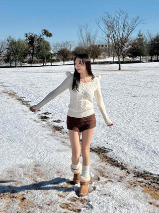 Hooded Fur Cable Knit Slim V-Neck Knit
