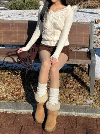 Hooded Fur Cable Knit Slim V-Neck Knit