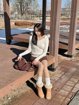 Hooded Fur Cable Knit Slim V-Neck Knit