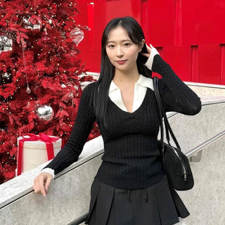 Slim Ribbed Deep V-Neck Shirt Knit