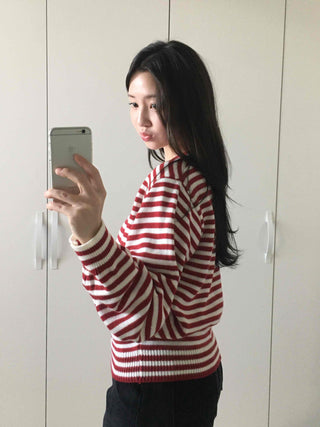 French Marine Border Slim Fit V-Neck Knit