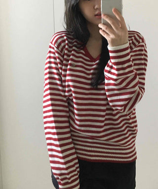 French Marine Border Slim Fit V-Neck Knit