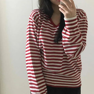 French Marine Border Slim Fit V-Neck Knit