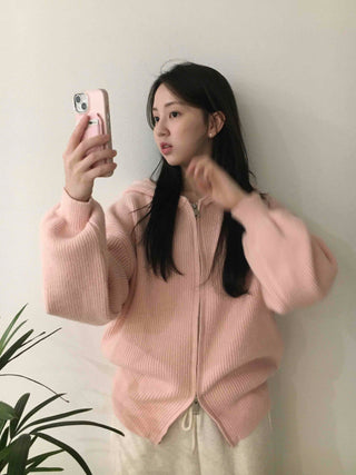 Soft Mood Drop Shoulder Ribbed Zip-Up Hoodie