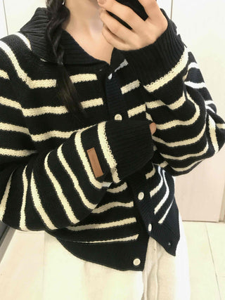 Striped Button Boxy Striped Knit Cardigan