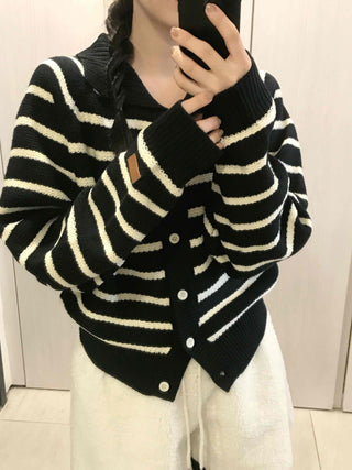 Striped Button Boxy Striped Knit Cardigan