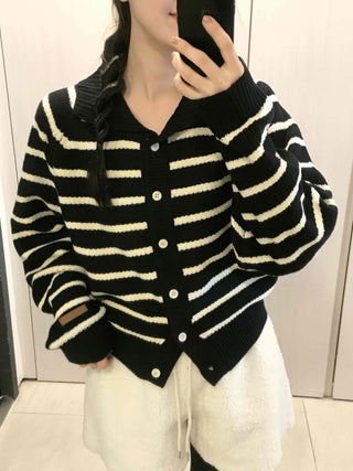 Striped Button Boxy Striped Knit Cardigan