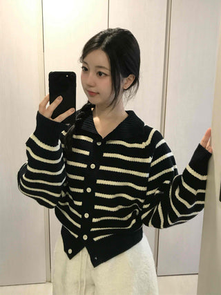 Striped Button Boxy Striped Knit Cardigan