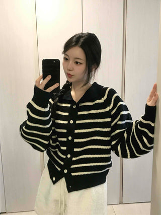Striped Button Boxy Striped Knit Cardigan