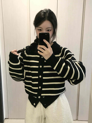 Striped Button Boxy Striped Knit Cardigan
