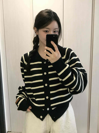 Striped Button Boxy Striped Knit Cardigan