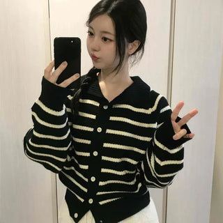 Striped Button Boxy Striped Knit Cardigan