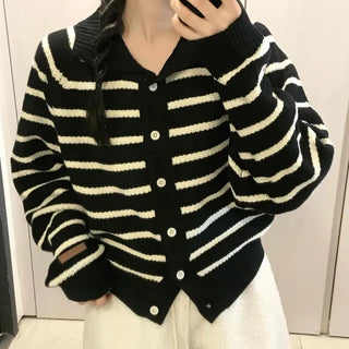 Striped Button Boxy Striped Knit Cardigan