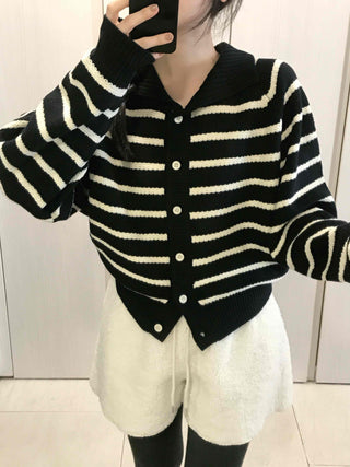Striped Button Boxy Striped Knit Cardigan