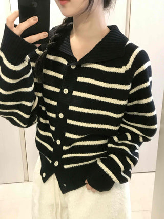 Striped Button Boxy Striped Knit Cardigan