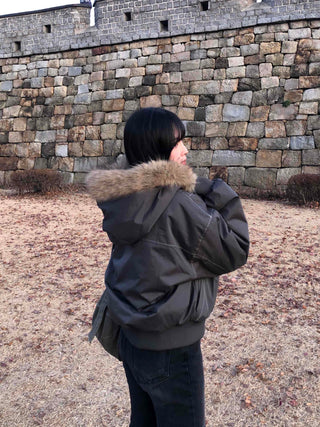 Raccoon Fur Hood Stitch Cargo Bomber Jacket