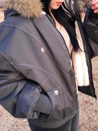 Raccoon Fur Hood Stitch Cargo Bomber Jacket