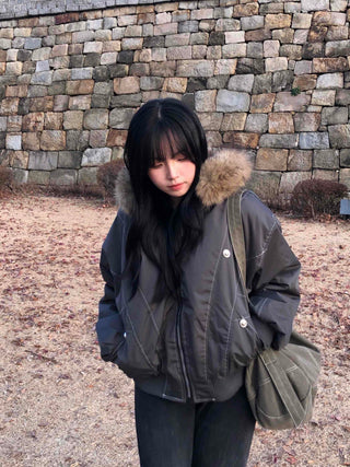 Raccoon Fur Hood Stitch Cargo Bomber Jacket