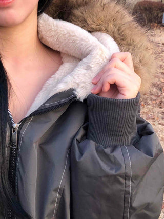 Raccoon Fur Hood Stitch Cargo Bomber Jacket