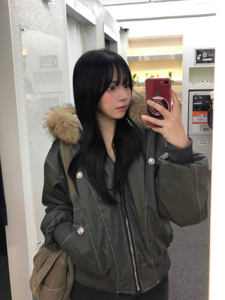 Raccoon Fur Hood Stitch Cargo Bomber Jacket