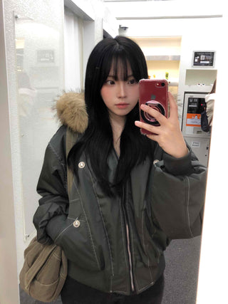 Raccoon Fur Hood Stitch Cargo Bomber Jacket