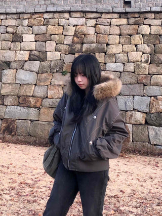 Raccoon Fur Hood Stitch Cargo Bomber Jacket