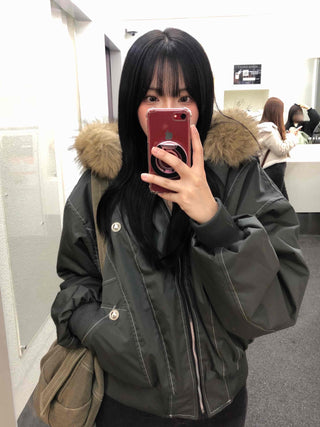 Raccoon Fur Hood Stitch Cargo Bomber Jacket