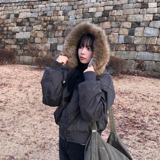 Raccoon Fur Hood Stitch Cargo Bomber Jacket
