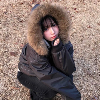 Raccoon Fur Hood Stitch Cargo Bomber Jacket