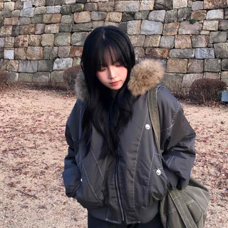 Raccoon Fur Hood Stitch Cargo Bomber Jacket