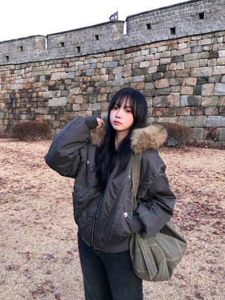Raccoon Fur Hood Stitch Cargo Bomber Jacket