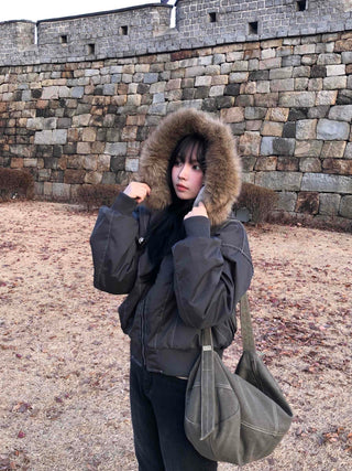 Raccoon Fur Hood Stitch Cargo Bomber Jacket