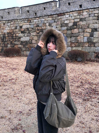 Raccoon Fur Hood Stitch Cargo Bomber Jacket