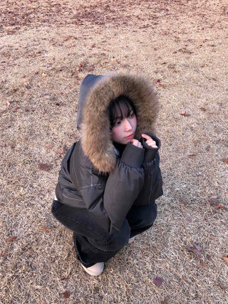 Raccoon Fur Hood Stitch Cargo Bomber Jacket