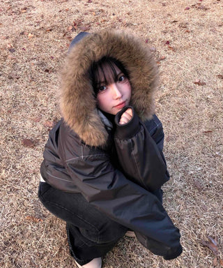Raccoon Fur Hood Stitch Cargo Bomber Jacket