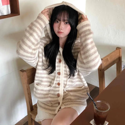 Fluffy Striped Hooded Oversized Button Knit Cardigan