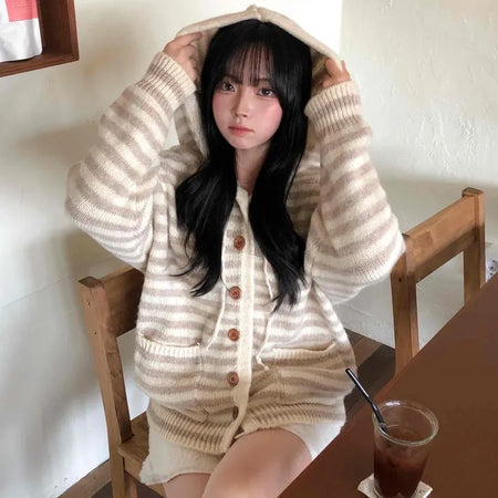 Fluffy Striped Hooded Oversized Button Knit Cardigan