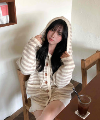 Fluffy Striped Hooded Oversized Button Knit Cardigan