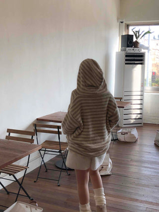 Fluffy Striped Hooded Oversized Button Knit Cardigan