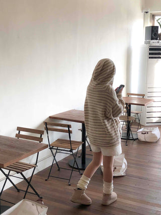 Fluffy Striped Hooded Oversized Button Knit Cardigan