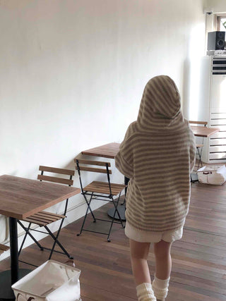 Fluffy Striped Hooded Oversized Button Knit Cardigan