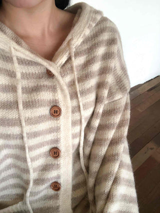 Fluffy Striped Hooded Oversized Button Knit Cardigan