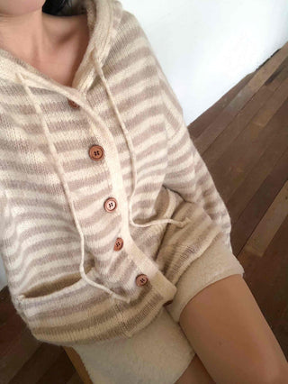 Fluffy Striped Hooded Oversized Button Knit Cardigan