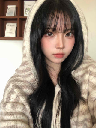 Fluffy Striped Hooded Oversized Button Knit Cardigan