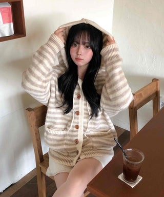 Fluffy Striped Hooded Oversized Button Knit Cardigan
